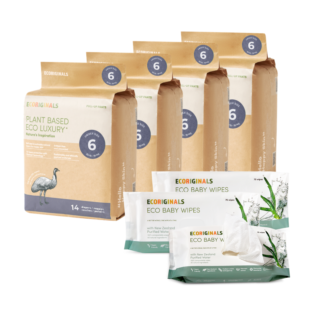 Ecoriginals Eco Bundle 4 X 14 Pack Junior Nappy Pants 16kg+. + Free 3 X 70 Pack Plant Based Baby Wipes Purified NZ Water