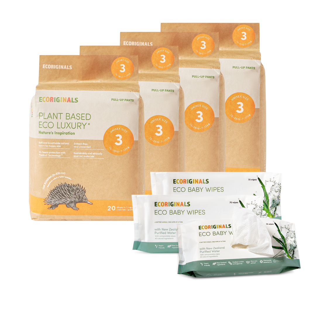 Ecoriginals Eco Bundle 4 X 20 Pack Crawler Nappy Pants 7-12kg + Free 3 X 70 Pack Plant Based Baby Wipes Purified NZ Water