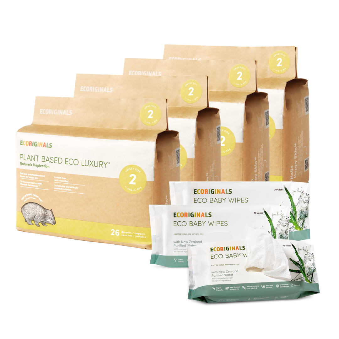 Ecoriginals Eco Bundle 4 X 26 Pack Infant Nappies 5-8kg + Free 3 X 70 Pack Plant Based Baby Wipes Purified NZ Water