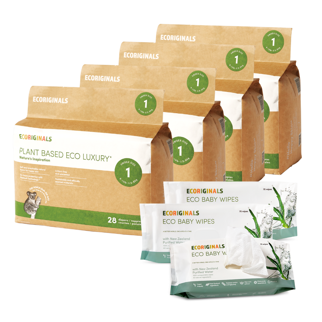 Ecoriginals Eco Bundle 4 X 28 Pack Newborn Plus Nappies 3.5-6kg + Free 3 X 70 Pack Plant Based Baby Wipes Purified NZ Water
