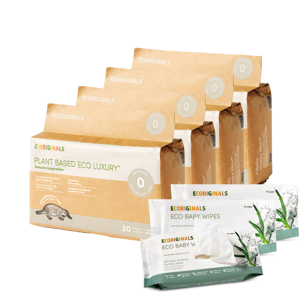 Ecoriginals Eco Bundle 4 X 30 Pack Nappies Newborn 0-4.5kg + Free 3 X 70 Pack Plant Based Baby Wipes Purified NZ Water