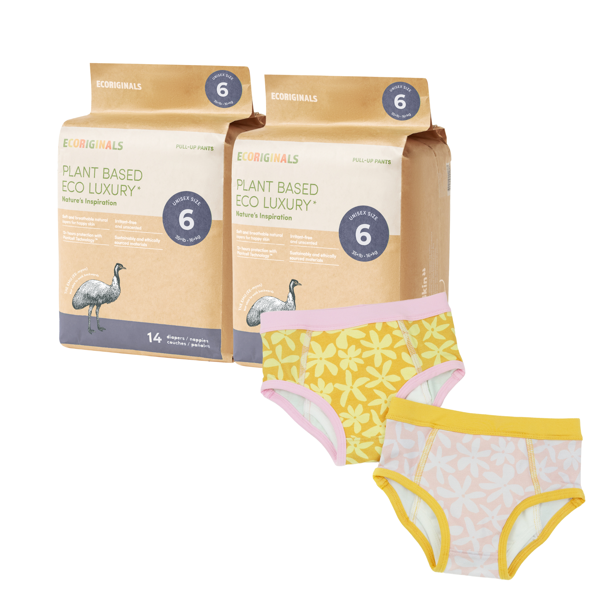 Ecoriginals Toilet Training Pack 2 X 14 Pack Junior Nappy Pants 16kg+ + Training Pants 2 Pack - Daisy - 18 - 24M