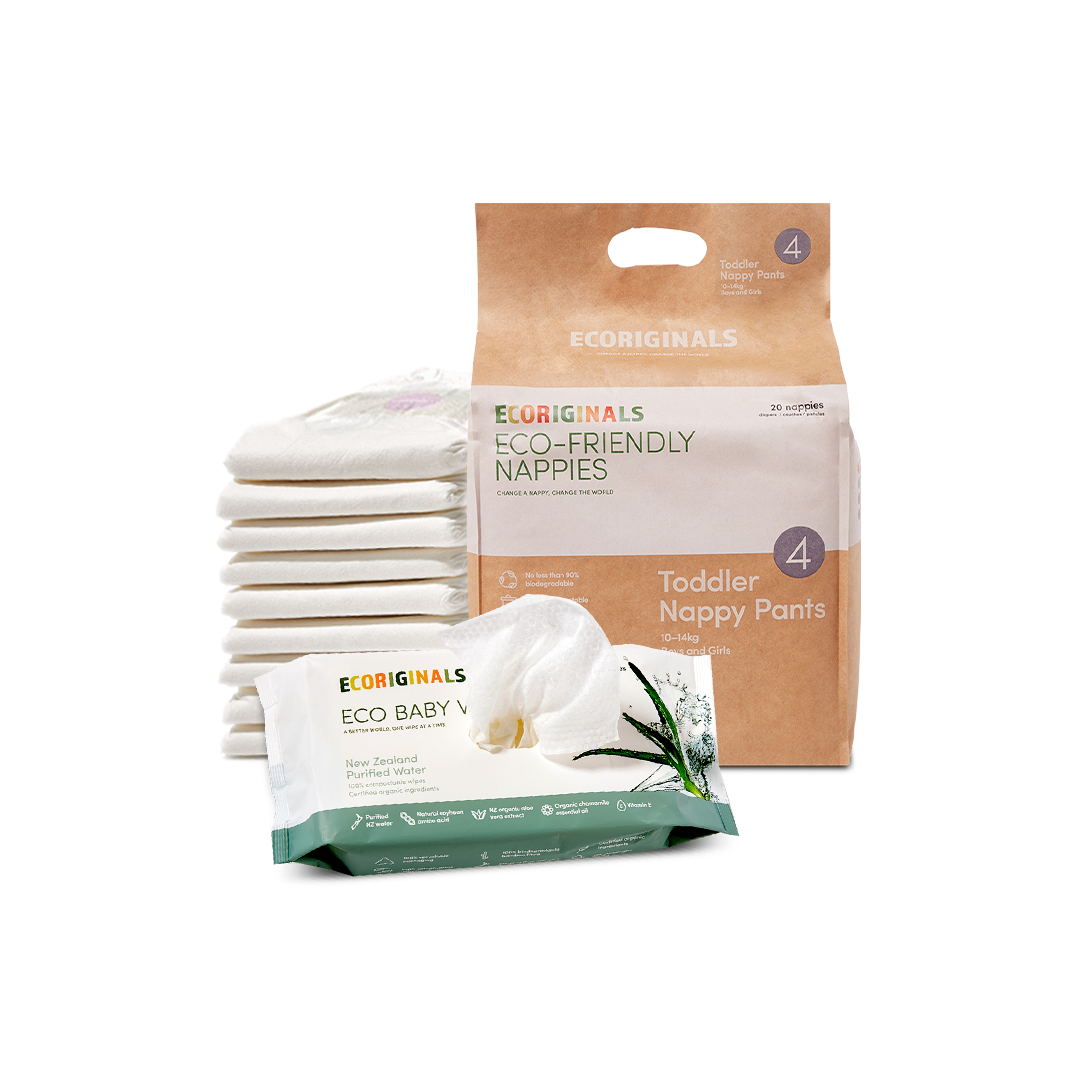 Ecoriginals Eco Bundle 1 X 18 Pack Toddler Nappy Pants 10-15kg + 1 X 70 Pack Plant Based Baby Wipes