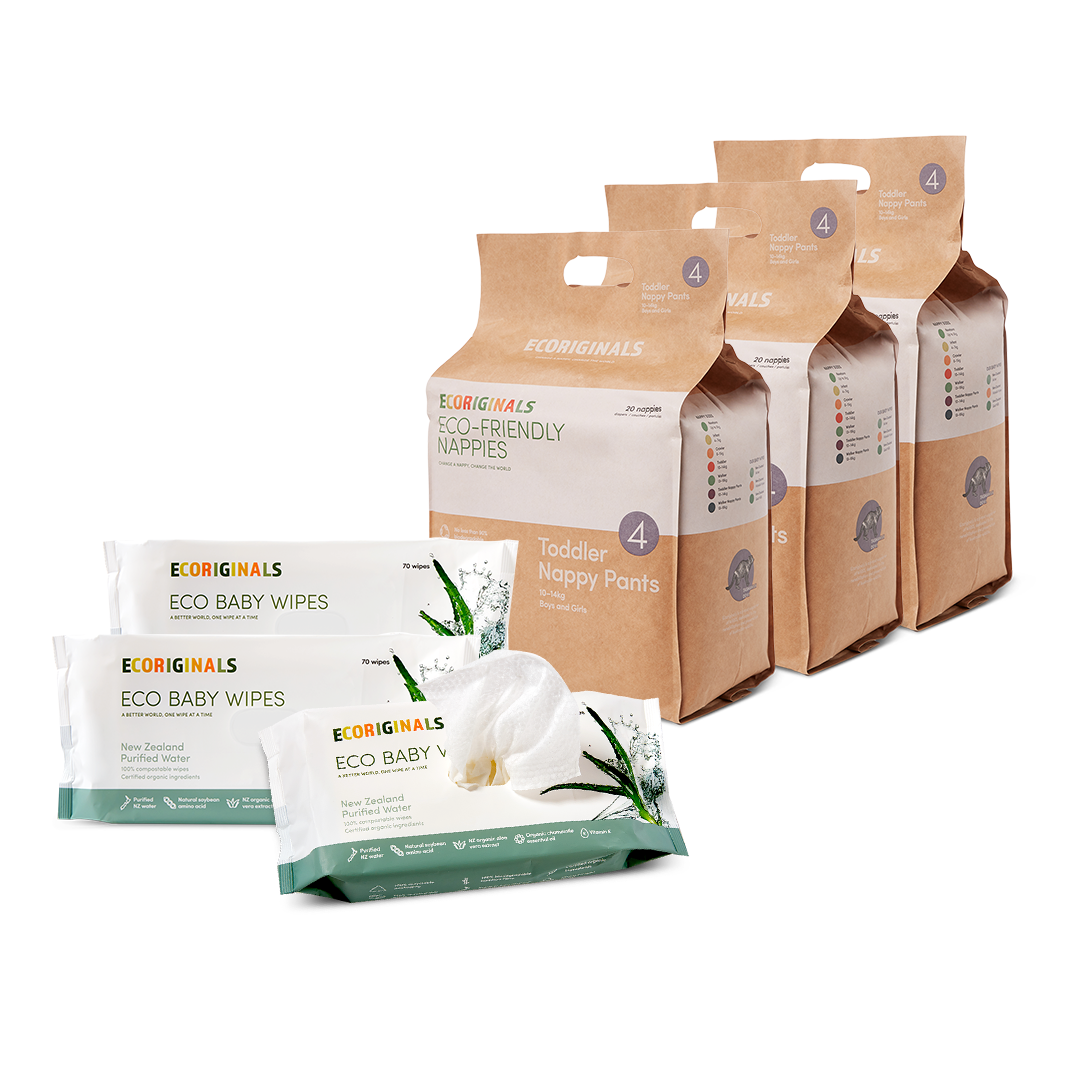 Ecoriginals Eco Bundle 3 X 18 Pack Toddler Nappy Pants 10-15kg + 3 X 70 Pack Plant Based Baby Wipes