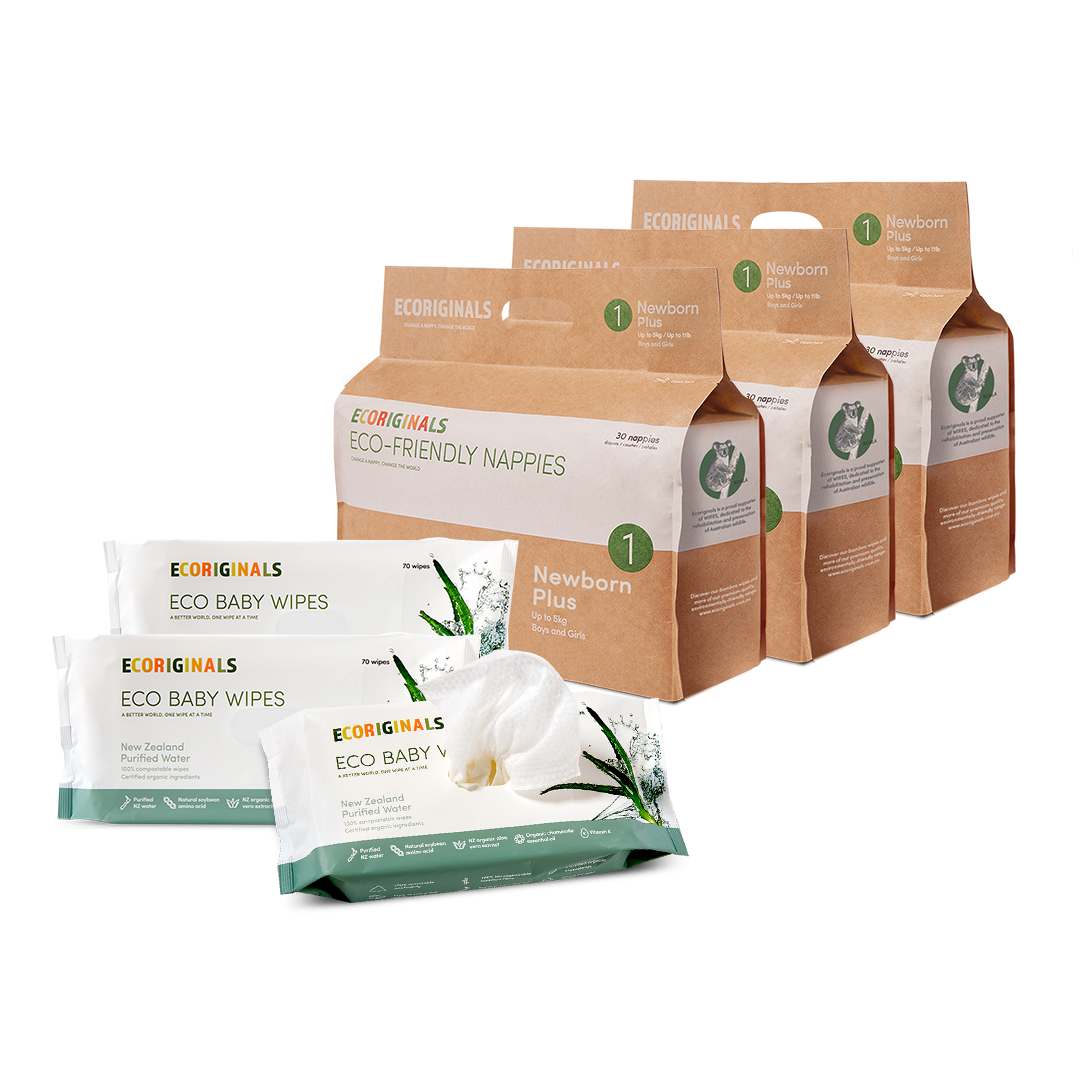 Ecoriginals Eco Bundle 3 X 28 Pack Newborn Plus Nappies 3.5-6kg + 3 X 70 Pack Plant Based Baby Wipes