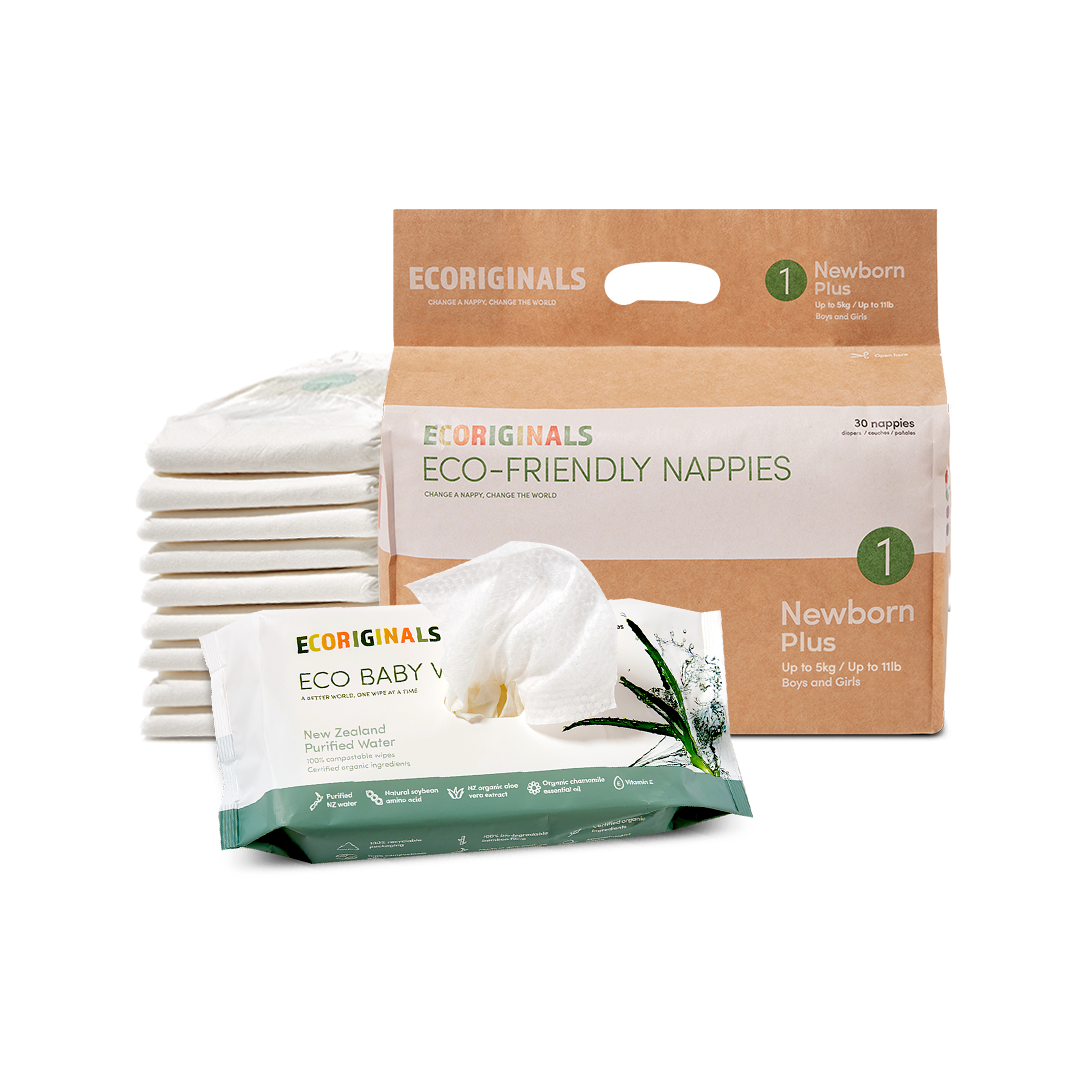 Ecoriginals Eco Bundle 1 X 28 Pack Newborn Plus Nappies 3.5-6kg + 1 X 70 Pack Plant Based Baby Wipes