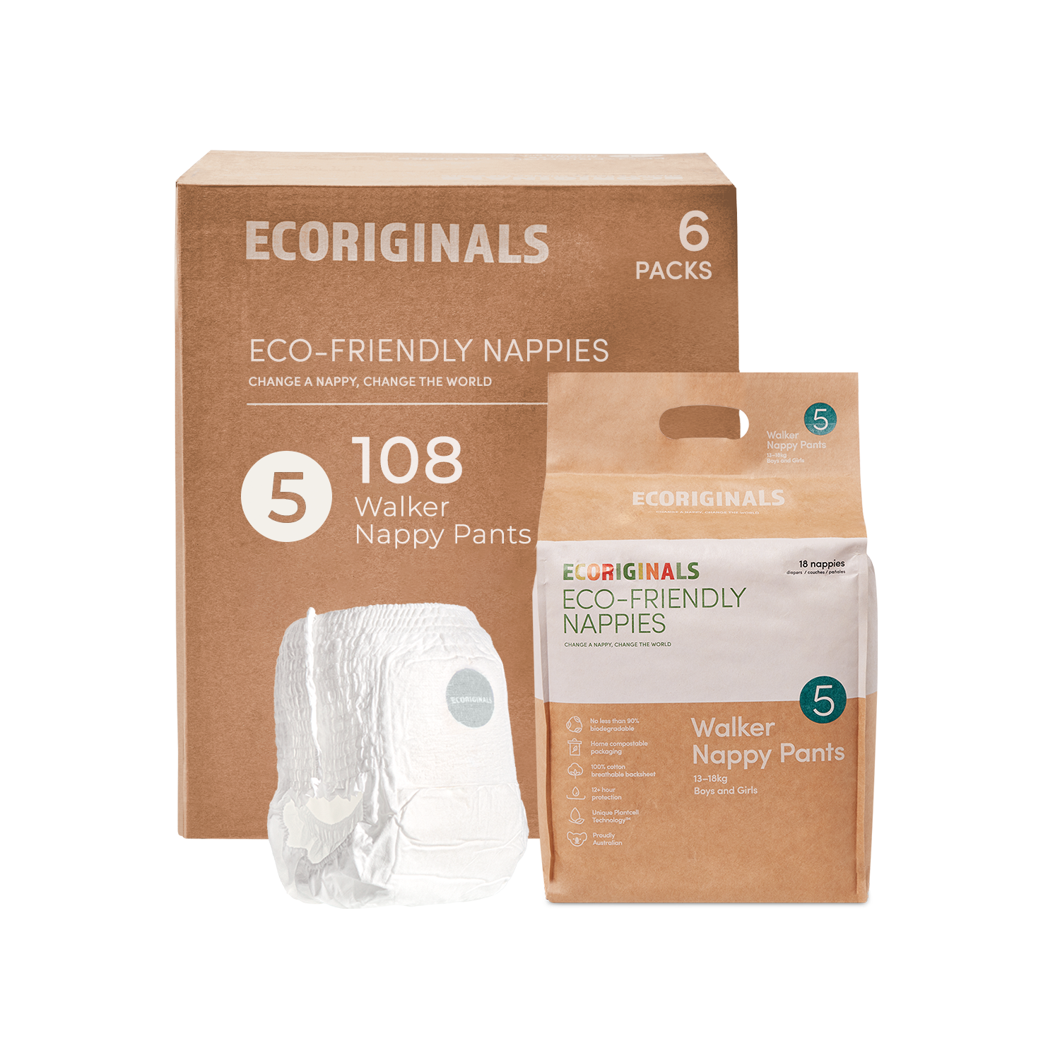 Ecoriginals Eco Walker Nappy Pants 12-18kg Plant Based 6 X 16 Pack (96) Bulk Bundle