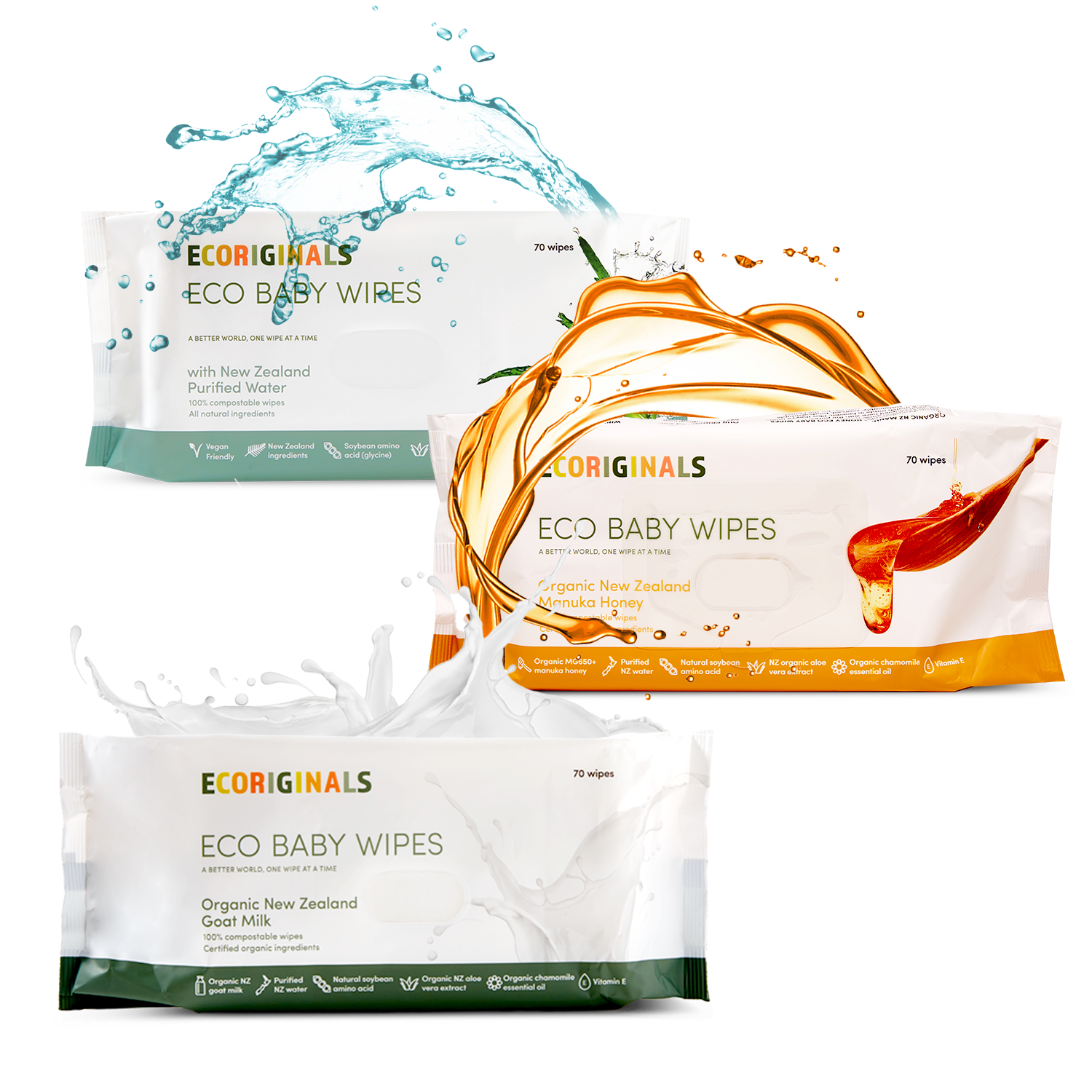 Ecoriginals 3 X 70 Pack Biodegradable Baby Eco Wipes, Manuka Honey, Goat Milk, NZ Purified Water