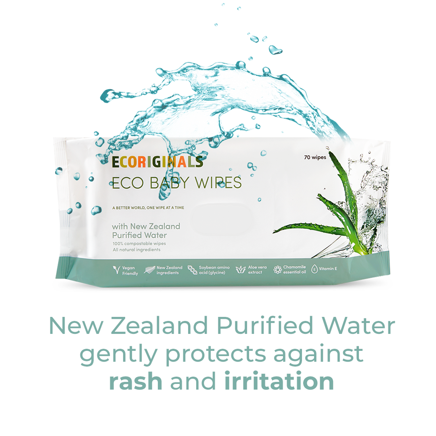 Ecoriginals 12 X 70 Pack Purified New Zealand Water Baby Eco Wipes, Plant Based + Biodegradable