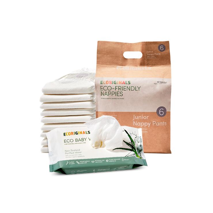 Ecoriginals Eco Bundle 1 X 16 Pack Junior Nappy Pants 16kg+. + 1 X 70 Pack Plant Based Baby Wipes