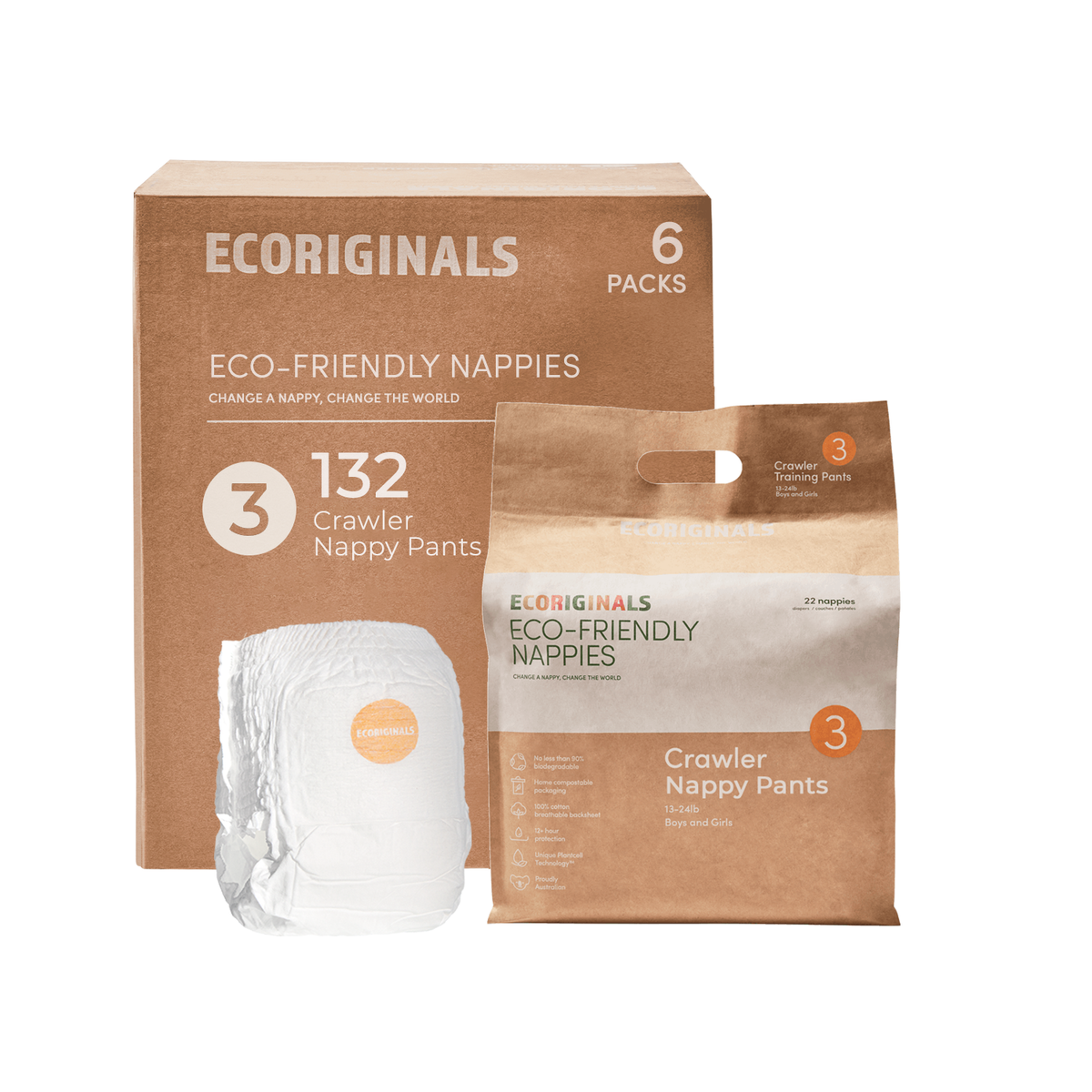 Ecoriginals Eco Nappy Pants Crawler 7-12 kg Plant Based 6 X 20 Pack (120) Bulk Bundle
