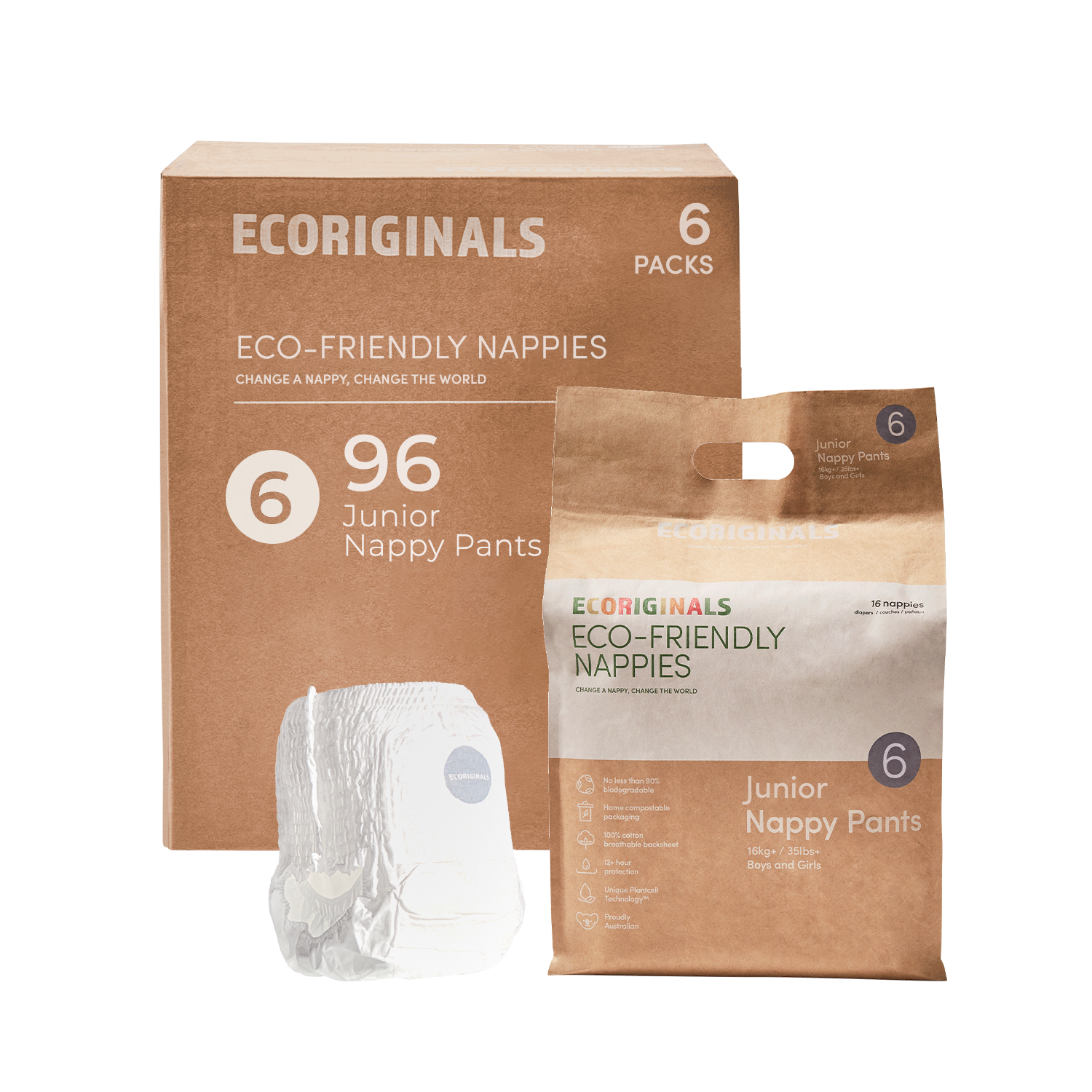 Ecoriginals Eco Junior Nappy Pants 16kg+ Plant Based 6 X 14 Pack (84) Bulk Bundle