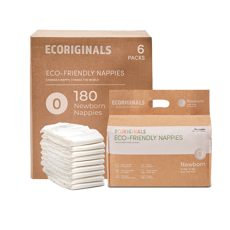 Ecoriginals Eco Nappies Newborn 0-4kg Plant Based 6 X 30 Pack (180) Bulk Bundle