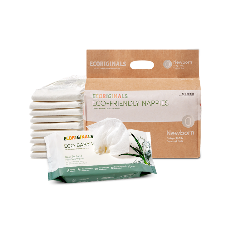 Ecoriginals Eco Bundle 1 X 30 Pack Nappies Newborn 0-4kg + 1 X 70 Pack Plant Based Baby Wipes