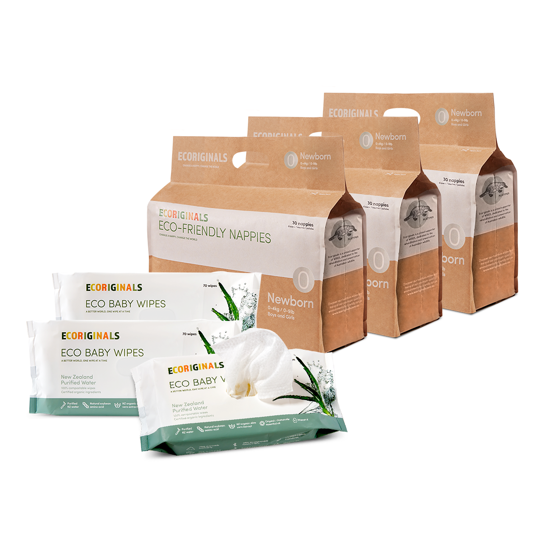 Ecoriginals Eco Bundle 3 X 30 Pack Nappies Newborn 0-4.5kg + 3 X 70 Pack Plant Based Baby Wipes