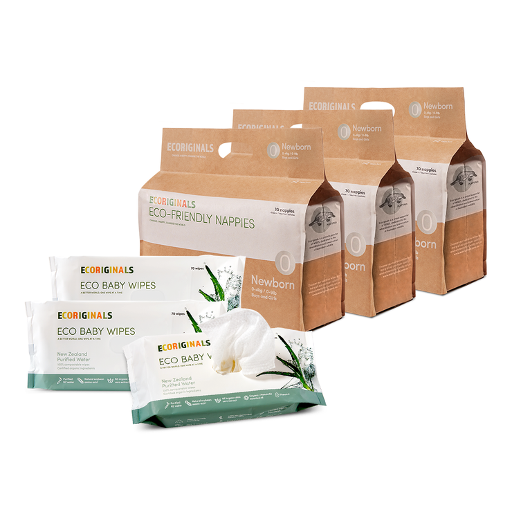 Ecoriginals Eco Bundle 3 X 30 Pack Nappies Newborn 0-4kg + 3 X 70 Pack Plant Based Baby Wipes