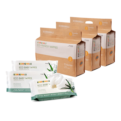 Ecoriginals Eco Bundle 3 X 24 Pack Crawler Nappies 7-12kg + 3 X 70 Pack Plant Based Baby Wipes