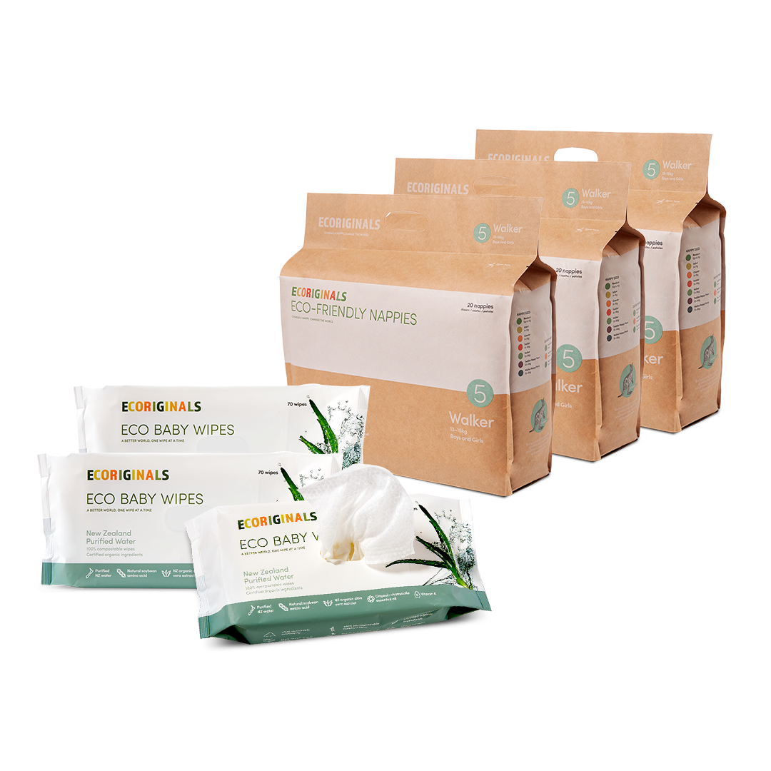Ecoriginals Eco Bundle 3 X 18 Pack Walker Nappies 12-18kg + 3 X 70 Pack Plant Based Baby Wipes