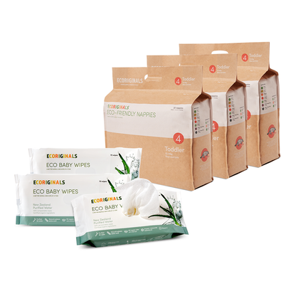 Ecoriginals Eco Bundle 3 X 20 Pack Toddler Nappies 10-15kg + 3 X 70 Pack Plant Based Baby Wipes