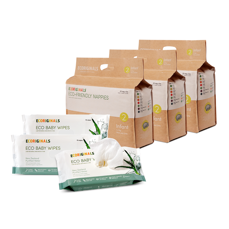 Ecoriginals Eco Bundle 3 X 28 Pack Infant Nappies 4-7kg + 3 X 70 Pack Plant Based Baby Wipes