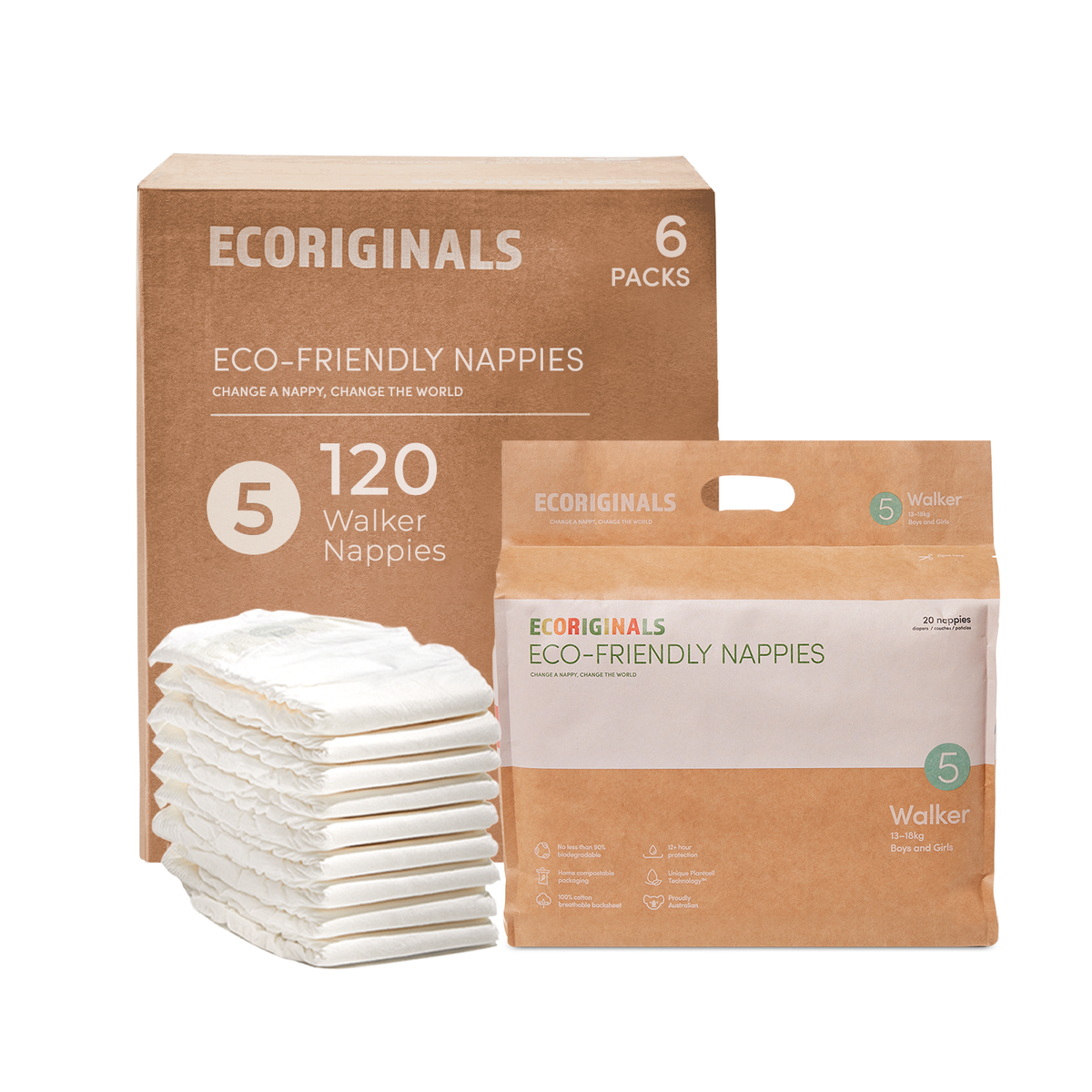 Ecoriginals Eco Nappies Walker 12-18kg Plant Based 6 X 18 Pack (108) Bulk Bundle