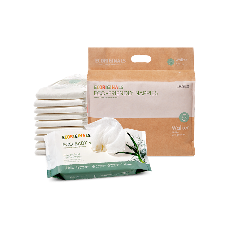Ecoriginals Eco Bundle 1 X 20 Pack Walker Nappies 13-18kg + 1 X 70 Pack Plant Based Baby Wipes