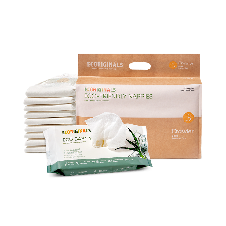Ecoriginals Eco Bundle 1 X 26 Pack Crawler Nappies 6-11kg + 1 X 70 Pack Plant Based Baby Wipes