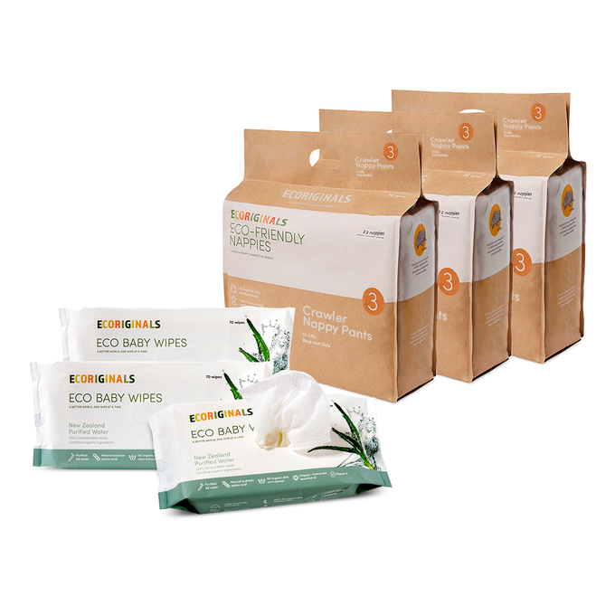Ecoriginals Eco Bundle 3 X 20 Pack Crawler Nappy Pants 7-12kg + 3 X 70 Pack Plant Based Baby Wipes