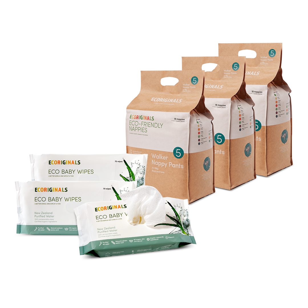 Ecoriginals Eco Bundle 3 X 16 Pack Walker Nappy Pants 12-18kg + 3 X 70 Pack Plant Based Baby Wipes