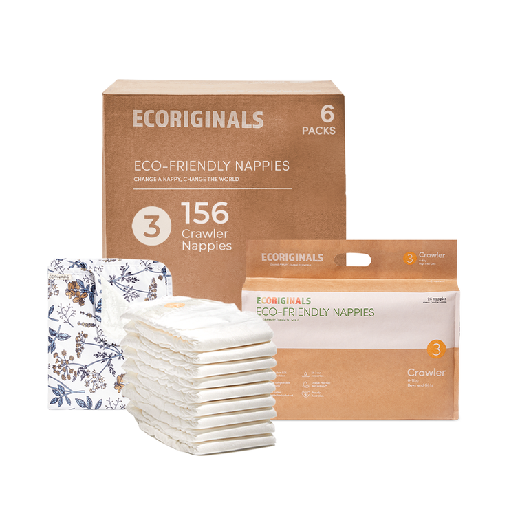 Ecoriginals Eco Nappies Crawler 6-11kg Plant Based 6 X 26 Pack (156) + 1 X Travel Bamboo Change Mat