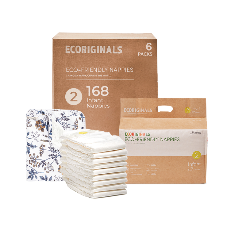 Ecoriginals Eco Nappies Infant 4-7kg Plant Based 6 X 28 Pack (168) + 1 X Travel Bamboo Change Mat