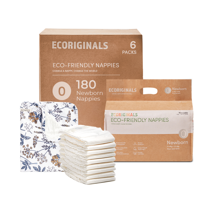Ecoriginals Eco Nappies Newborn 0-4kg Plant Based 6 X 30 Pack (180) + 1 X Travel Bamboo Change Mat