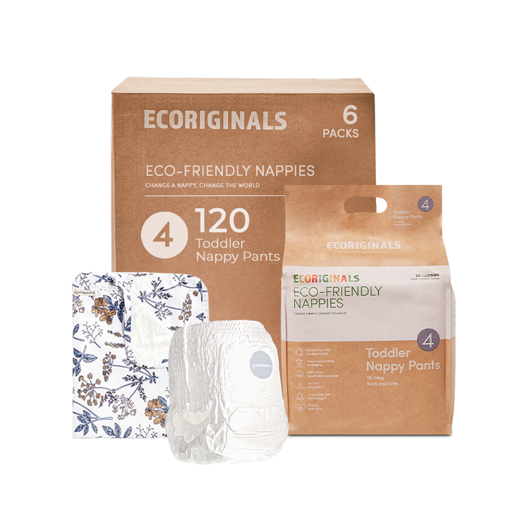 Ecoriginals Eco Nappy Pants Toddler 10-14kg Plant Based 6 X 20 Pack (120) + 1 X Travel Bamboo Change Mat