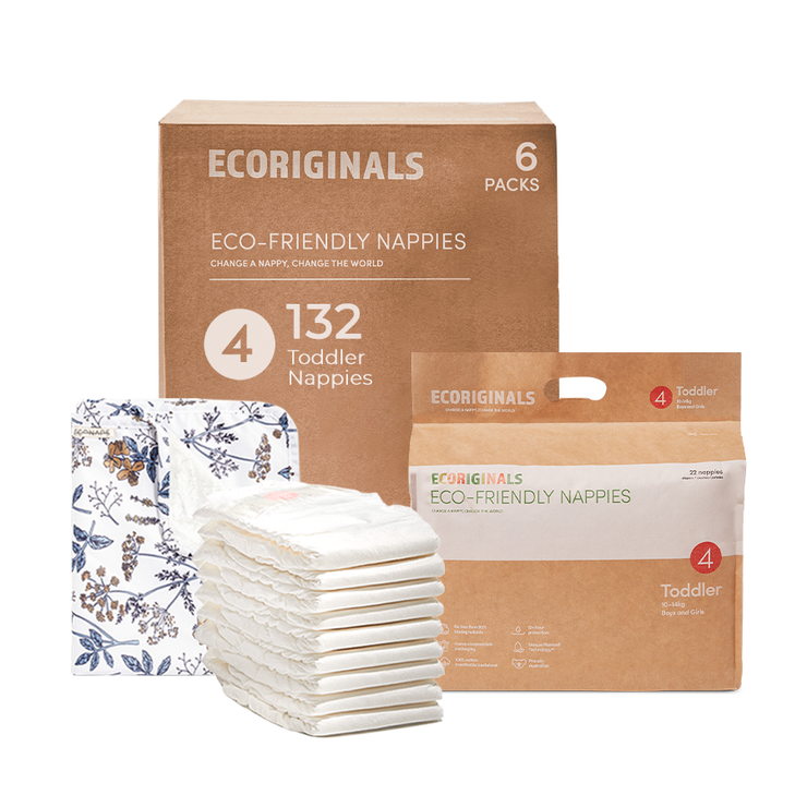 Ecoriginals Eco Nappies Toddler 10-14kg Plant Based 6 X 22 Pack (132) + 1 X Travel Bamboo Change Mat