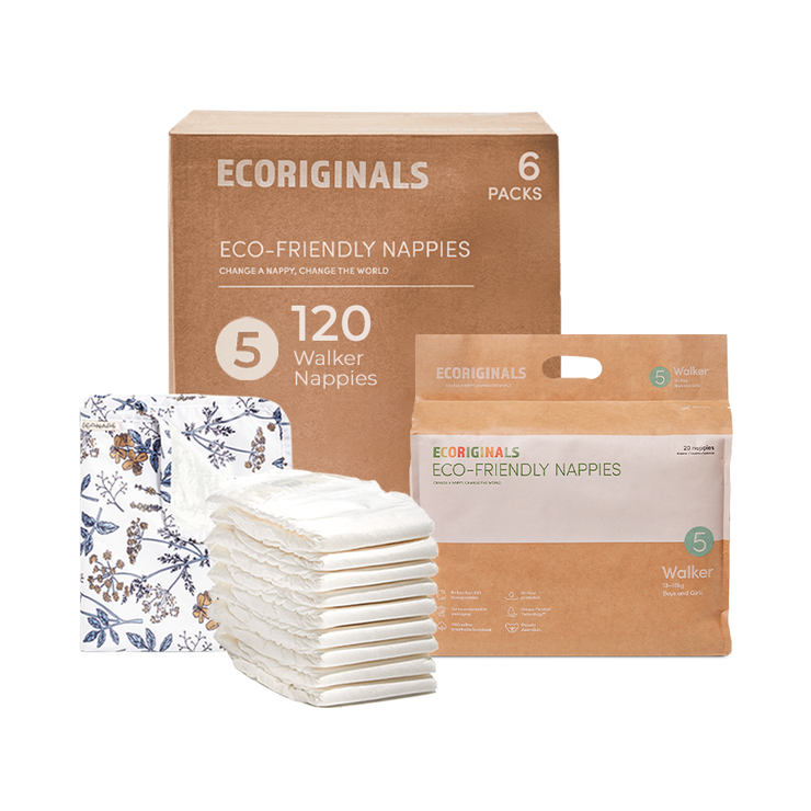 Ecoriginals Eco Nappies Walker 13-18kg Plant Based 6 X 20 Pack (120) + 1 X Travel Bamboo Change Mat