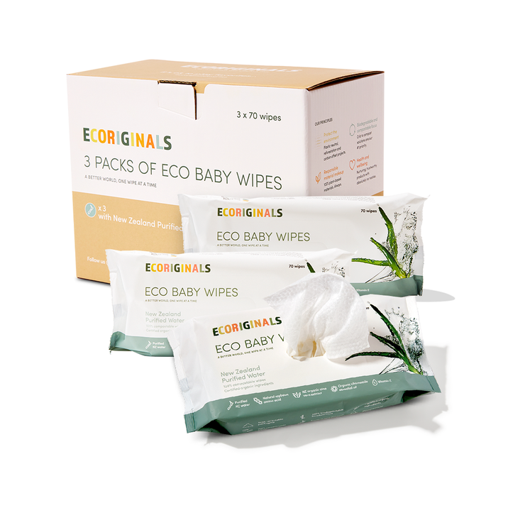 Ecoriginals 3 X 70 Pack Purified New Zealand Water Baby Eco Wipes, Plant Based + Biodegradable